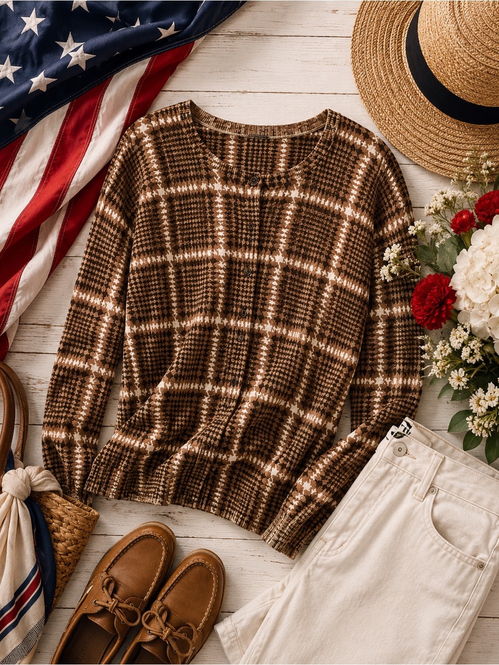 Talbots 2x Wool Brown Houndstooth Women's Sweater